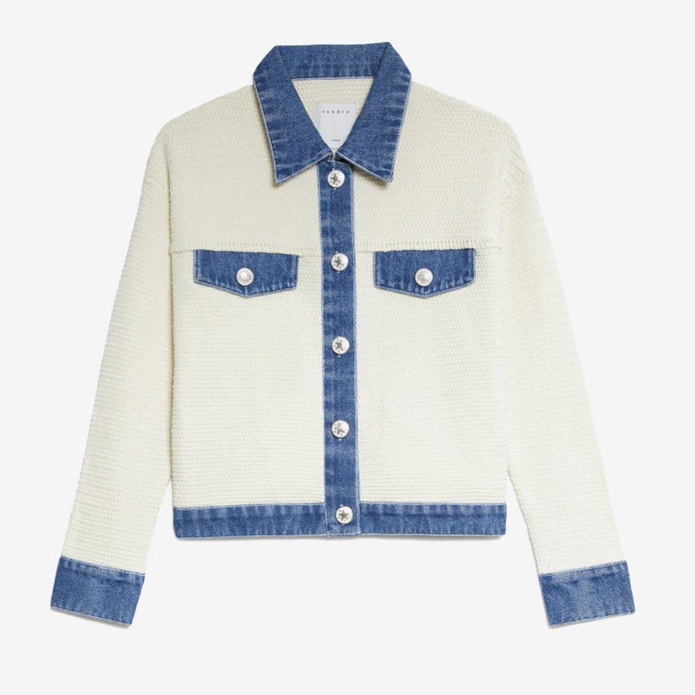 Sandro Cream Knit Button-Up Jacket